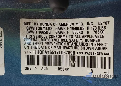 2007 Honda Civic Lx из США, поврежденный, VIN 1HGFA16517L067698